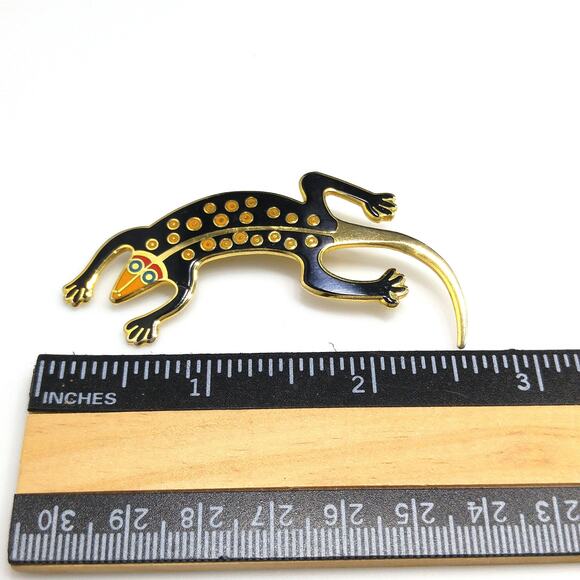 Laurel Burch Black "Lizard" Brooch, Gold Plated Cloisonne, 1980s Vintage Jewelry - Picture 6 of 10